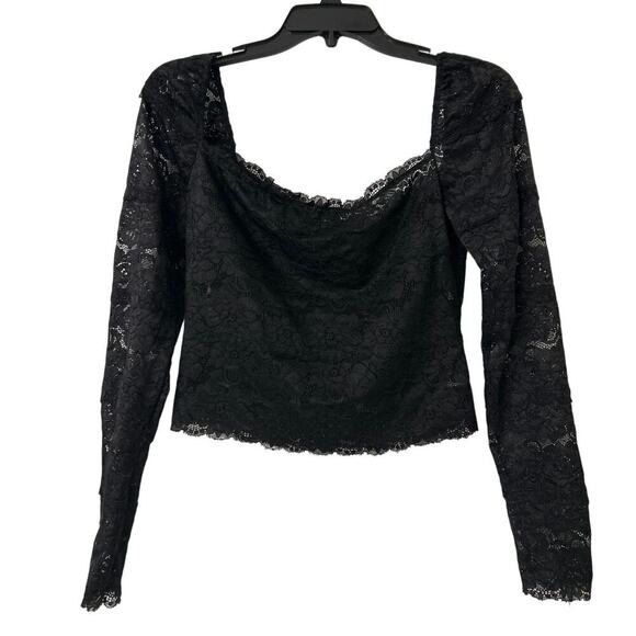Guess Black Sheer Lace Square Neck Puff Sleeve Crop Top Whimsigoth Coquette M - Picture 3 of 12